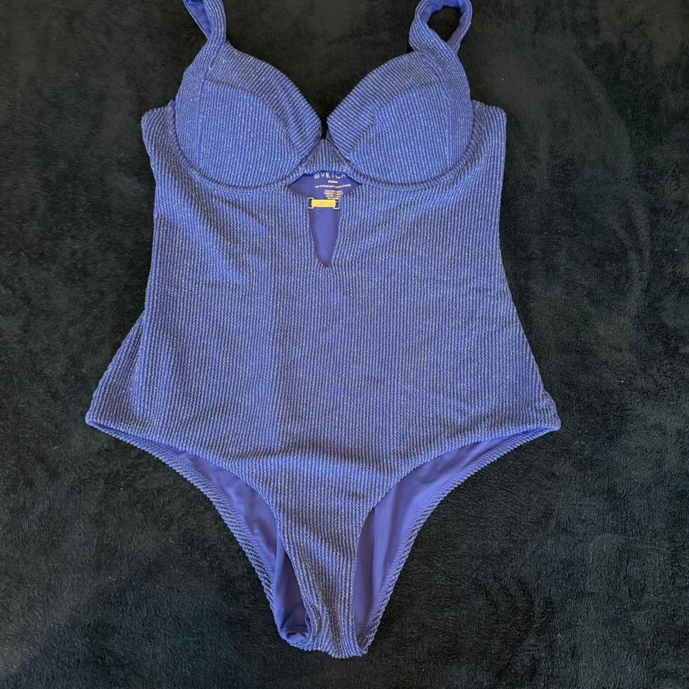 Vetchy Blue Metallic Ribbed Underwire One‎ Piece Swimsuit Cutout XXL